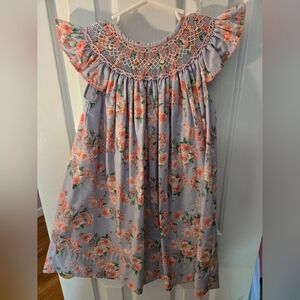 Blue Smocked Dress with Crew Neck and Flutter Sleeves